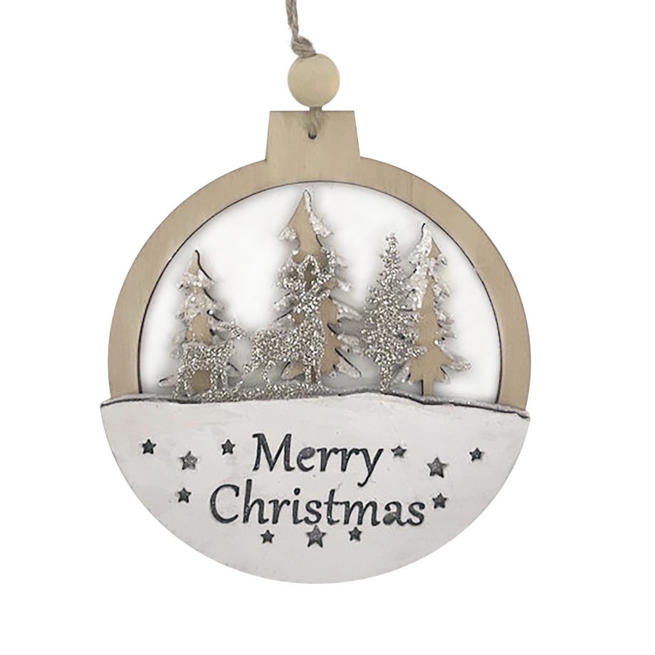 ORN WOODEN DISC "MERRY CHRISTMAS" 4.5" NATURAL/WHITE