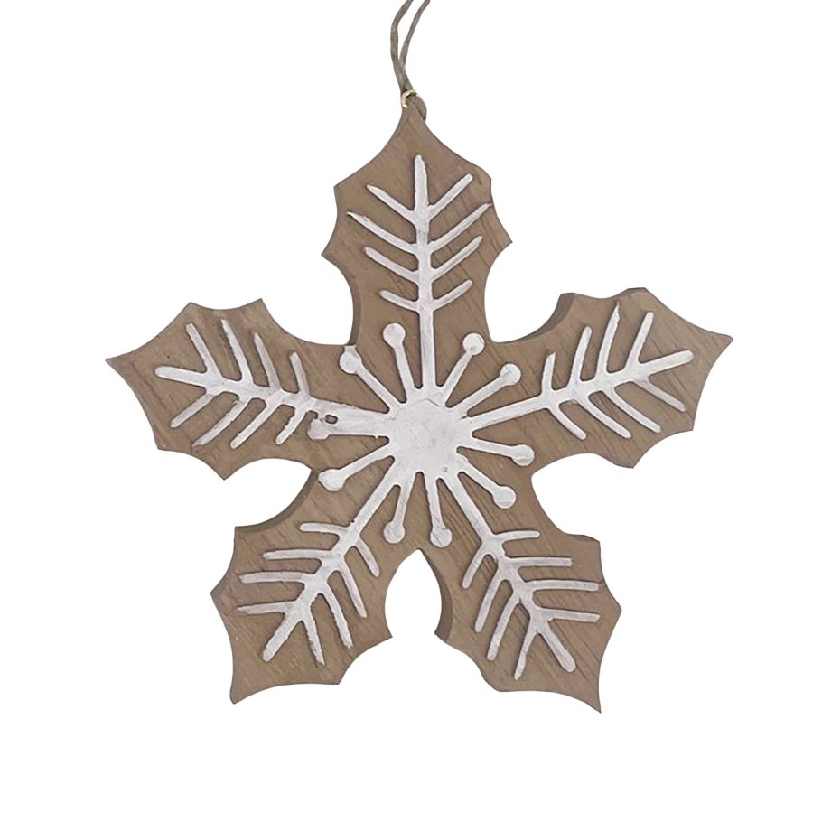 ORN WOODEN SNOWFLAKE 5.5" BROWN/WHITE