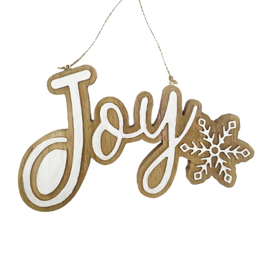 ORN WOODEN "JOY" 9" BROWN/WHITE