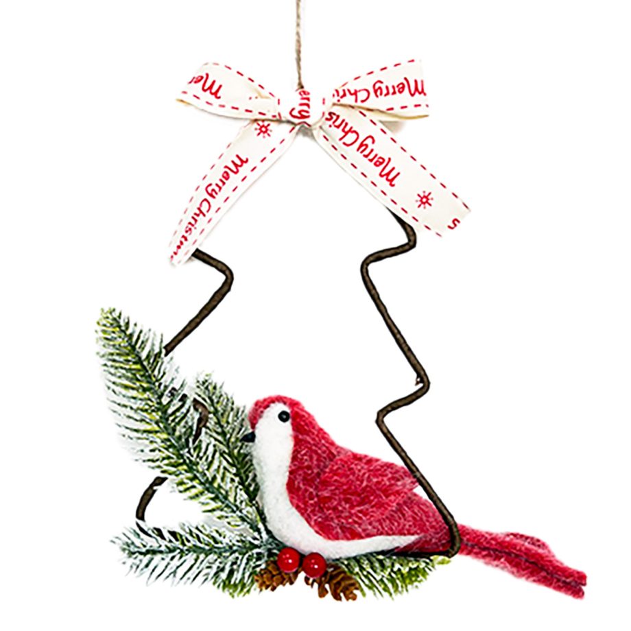 ORN BIRD FAUX FUR RED 8.5" ON A METAL TREE W/ PINE & BOW