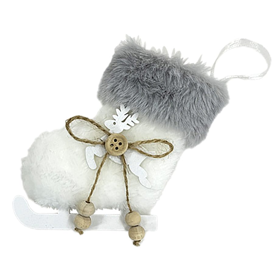 ORN FABRIC BOOT FAUX FUR WHITE 4" W/ REINDEER
