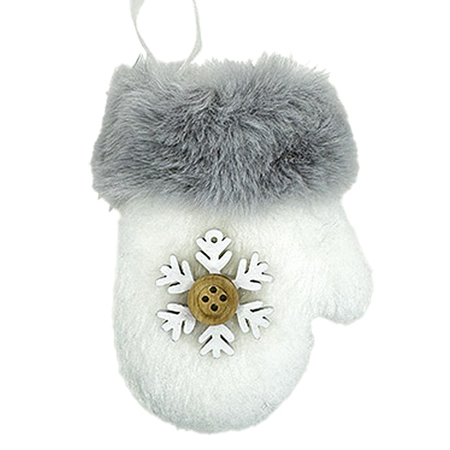 ORN FABRIC MITTEN FAUX FUR WHITE 4" W/ SNOWFLAKE