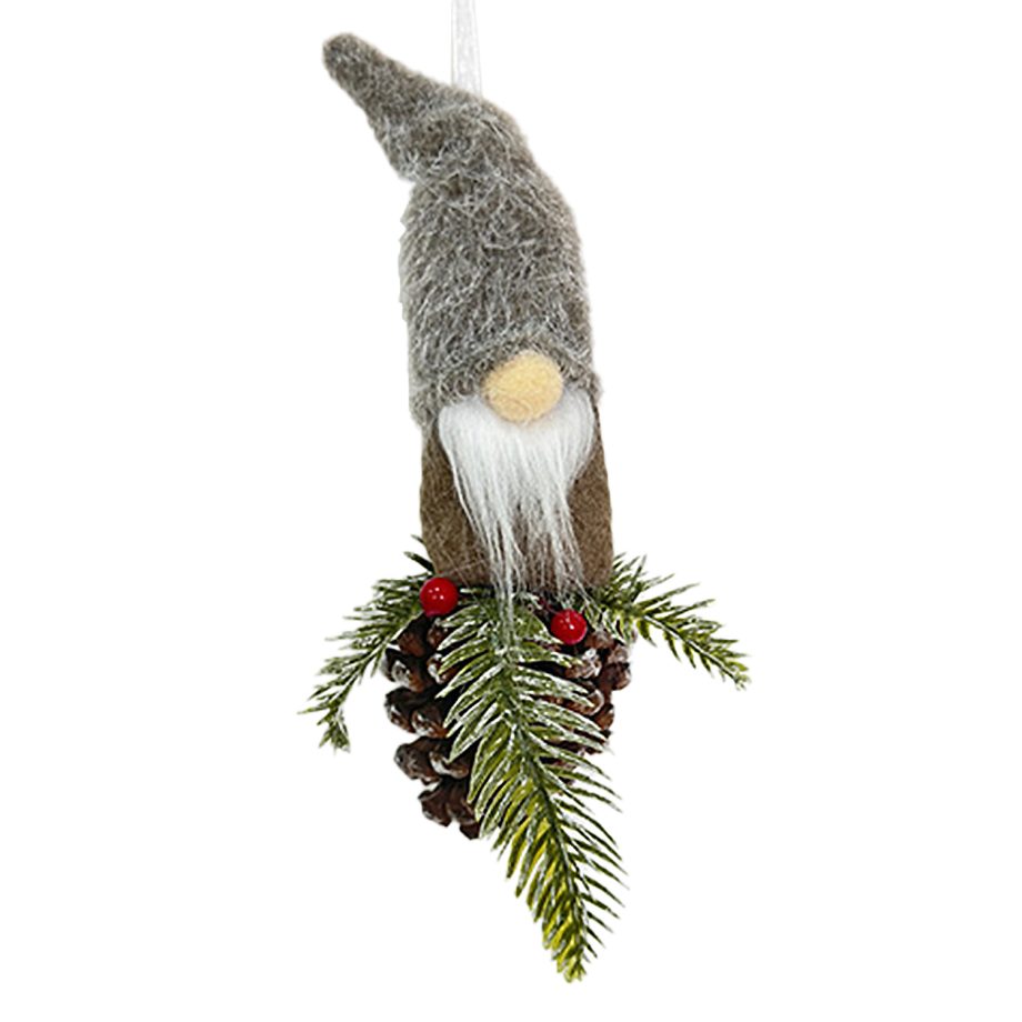 ORN PLUSH GNOME FAUX FUR BROWN 9.5" W/ PINE, CONE & BERRIES