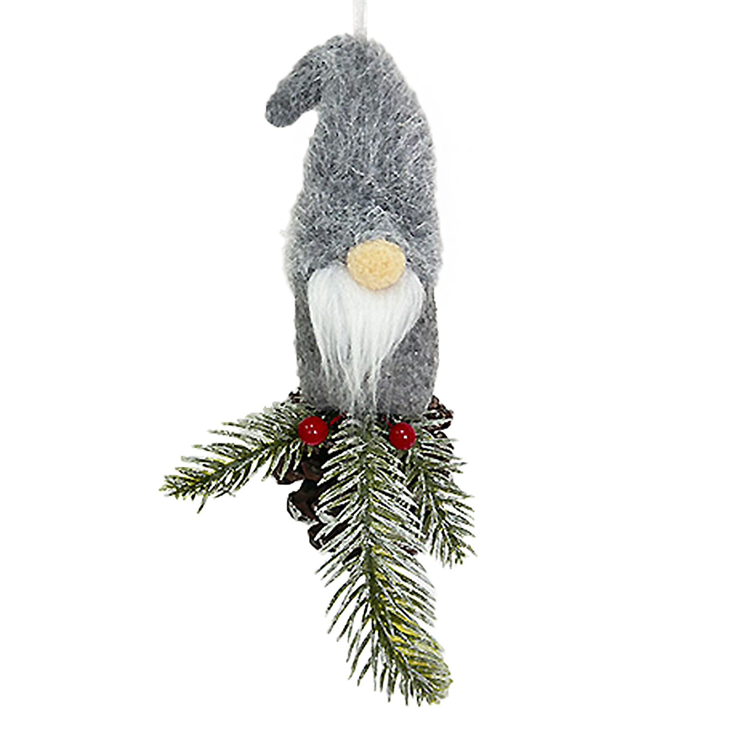 ORN PLUSH GNOME FAUX FUR GREY 9.5" W/ PINE, CONE & BERRIES