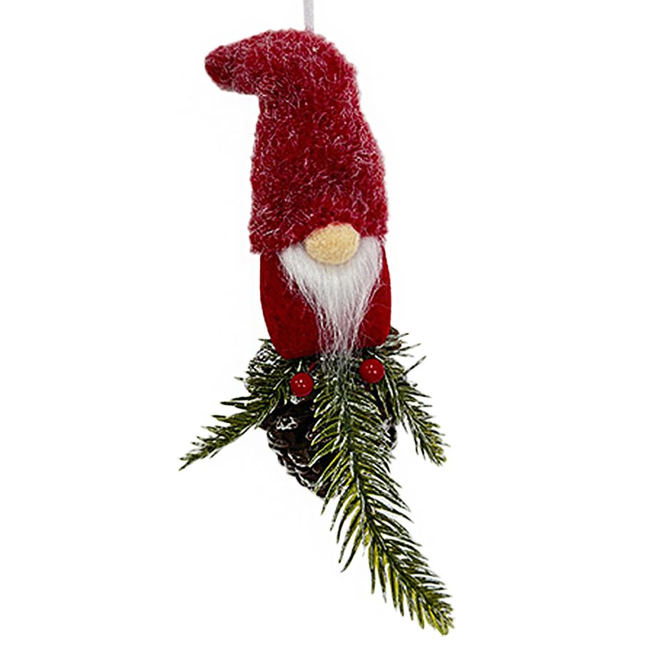 ORN PLUSH GNOME FAUX FUR RED 9.5" W/ PINE, CONE & BERRIES