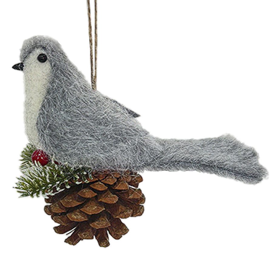 ORN BIRD FAUX FUR GREY 6" W/ PINECONE