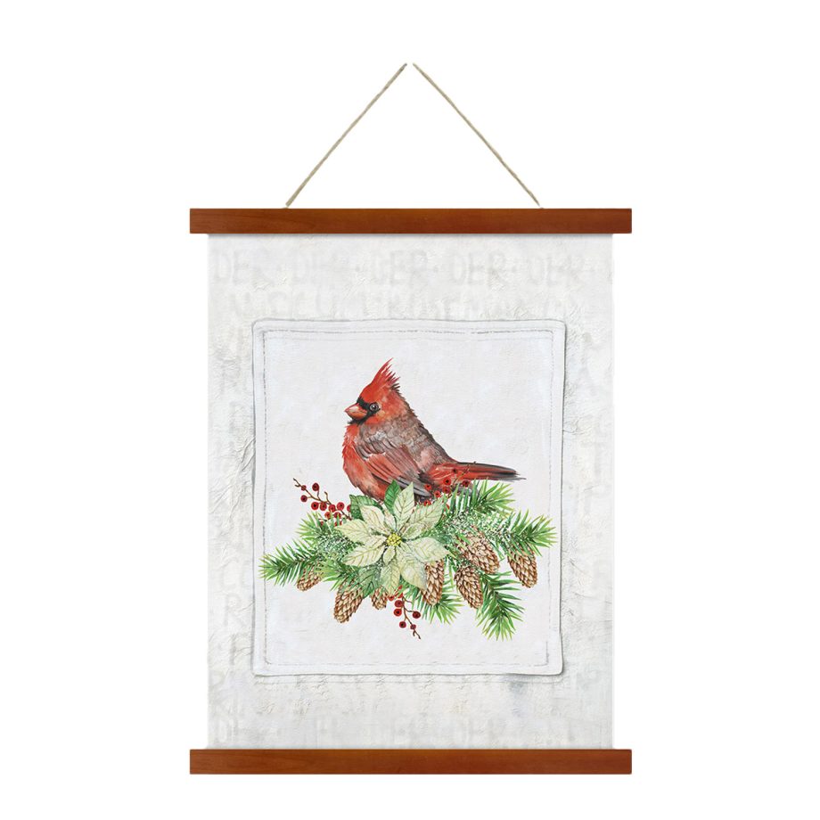 WALL SCROLL CARDINAL ON A POINSETTIA & PINE 15.5"x19.5"