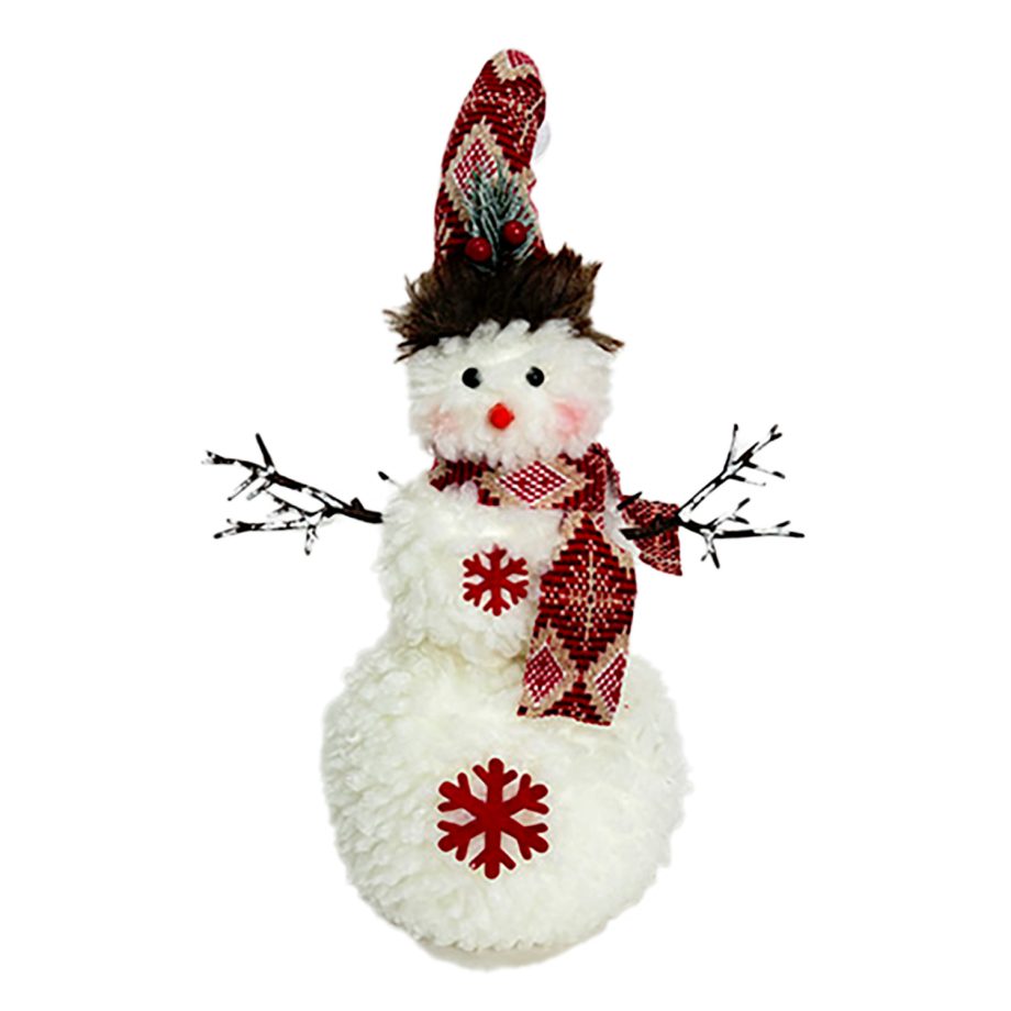 SNOWMAN STANDING PLUSH NATURAL/WHITE 17" W/ SCARF, HAT & TWIGS