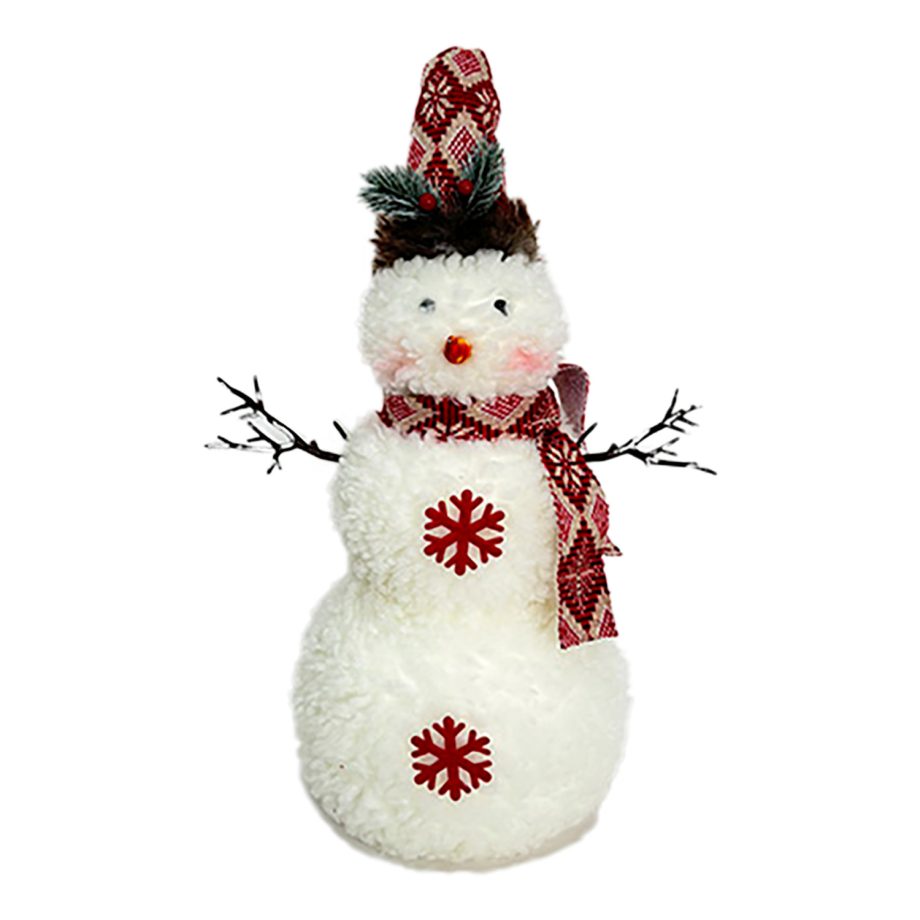 SNOWMAN STANDING PLUSH NATURAL/WHITE 21.5" W/ SCARF, HAT & TWIGS