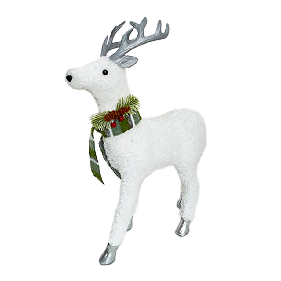 REINDEER STANDING PLUSH WHITE 17.5" W/ PINE, CONE & BERRIES