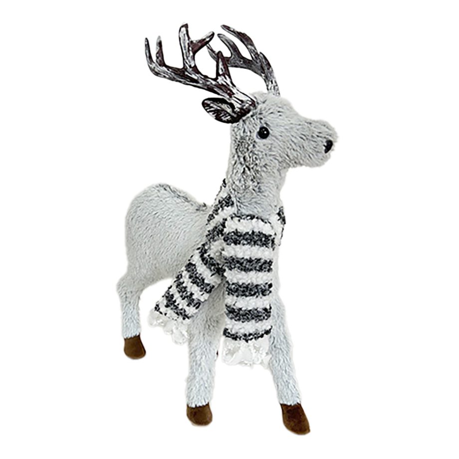 REINDEER STANDING PLUSH GREY 17.5" W/ BLACK/WHITE SCARF