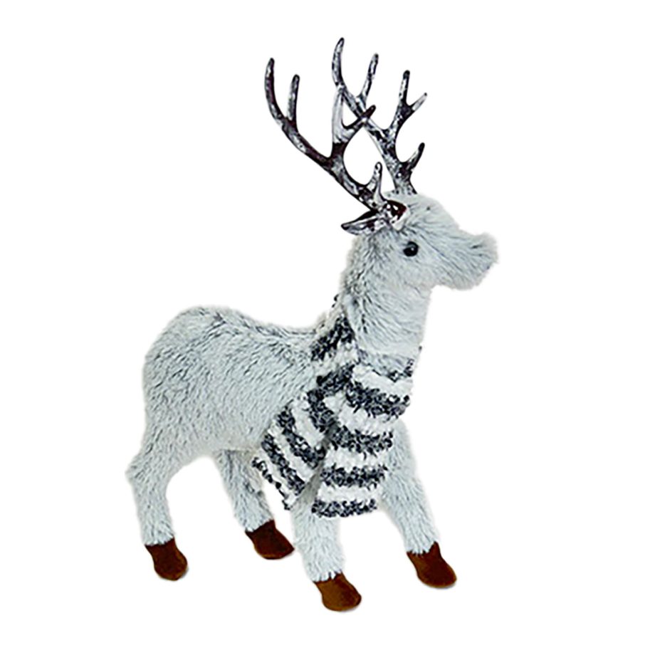 REINDEER STANDING PLUSH GREY 12" W/ BLACK/WHITE SCARF