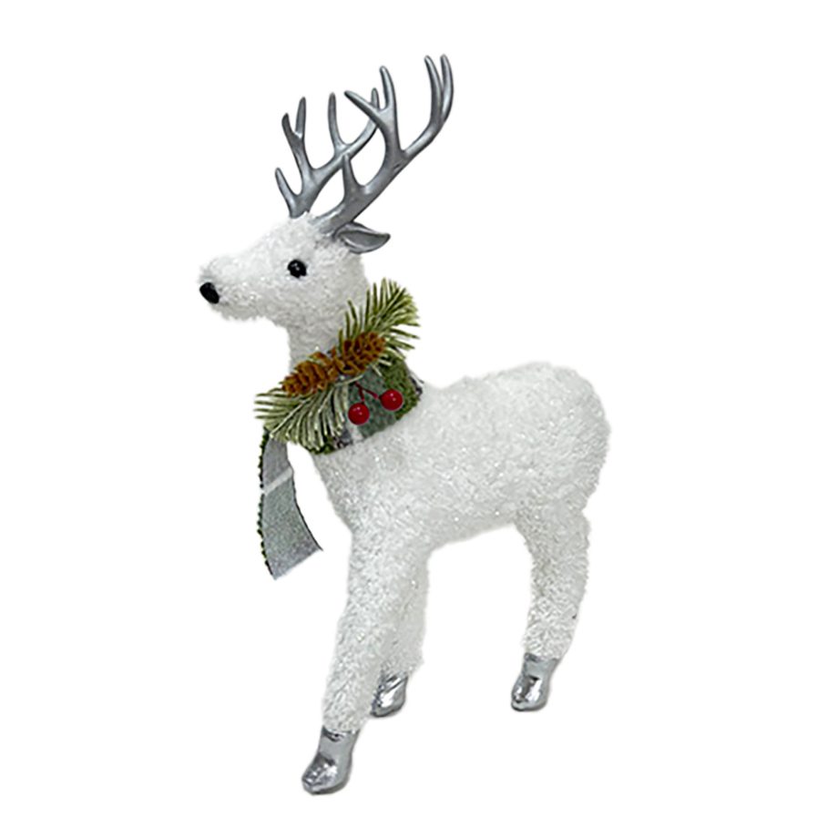 REINDEER STANDING PLUSH WHITE 12" W/ PINE, CONE & BERRIES
