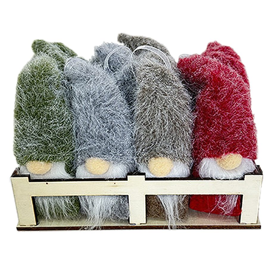 ORN PLUSH GNOME FAUX FUR RED/GREEN/BROWN/GREY 6.5" 4 ASSTD.