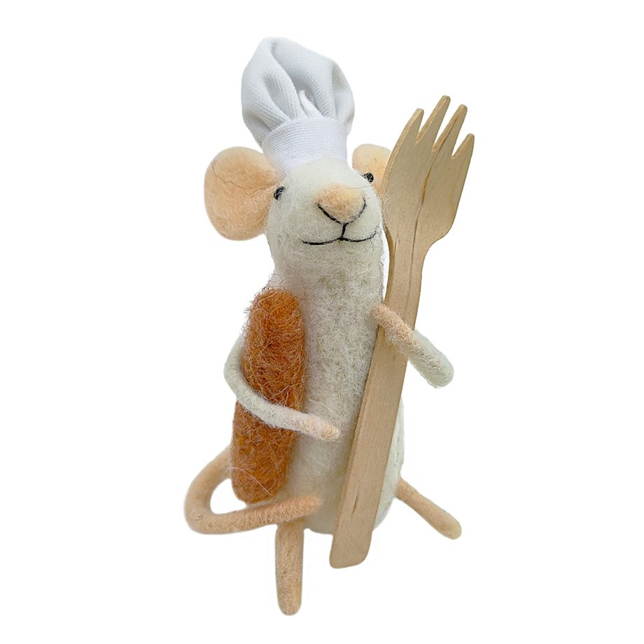 ORN WOOL MOUSE HOLDING FORK 4.5" BROWN/WHITE