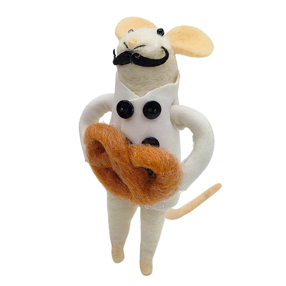 ORN WOOL MOUSE CHEF HOLDING PRETZEL 4.5" BROWN/WHITE