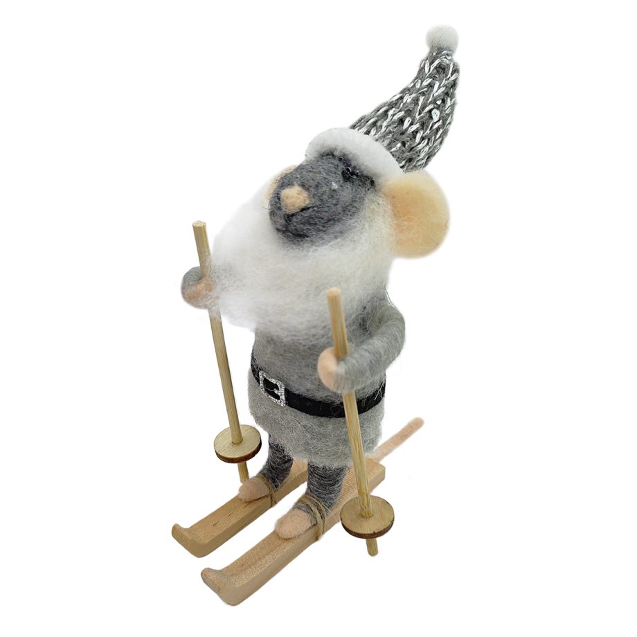 ORN WOOL MOUSE SKIING 4.5" GREY/BLACK