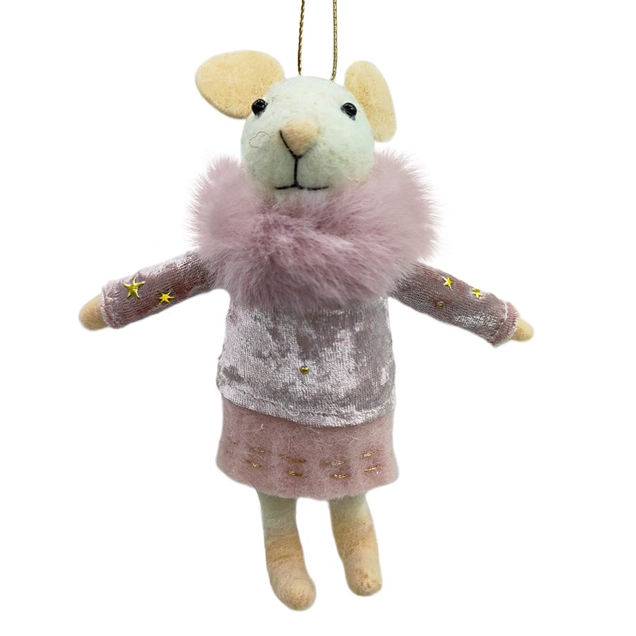 ORN WOOL MOUSE GIRL W/ SWEATER/FUR 6.5" PINK