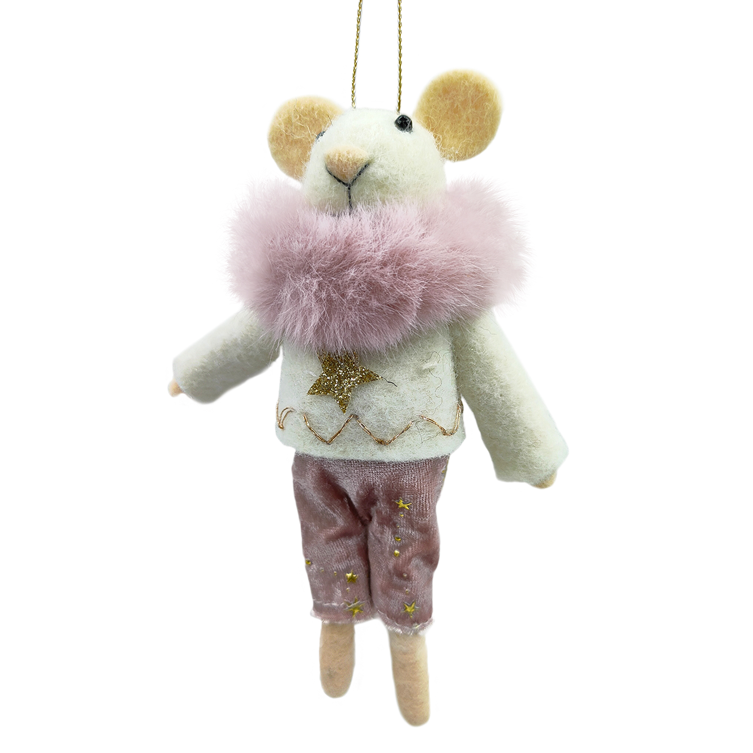 ORN WOOL MOUSE BOY W/ SWEATER/FUR 6" PINK/WHITE