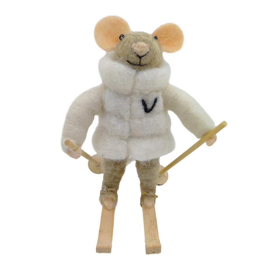 ORN WOOL MOUSE SKIING 4.5" CREAM/GREY