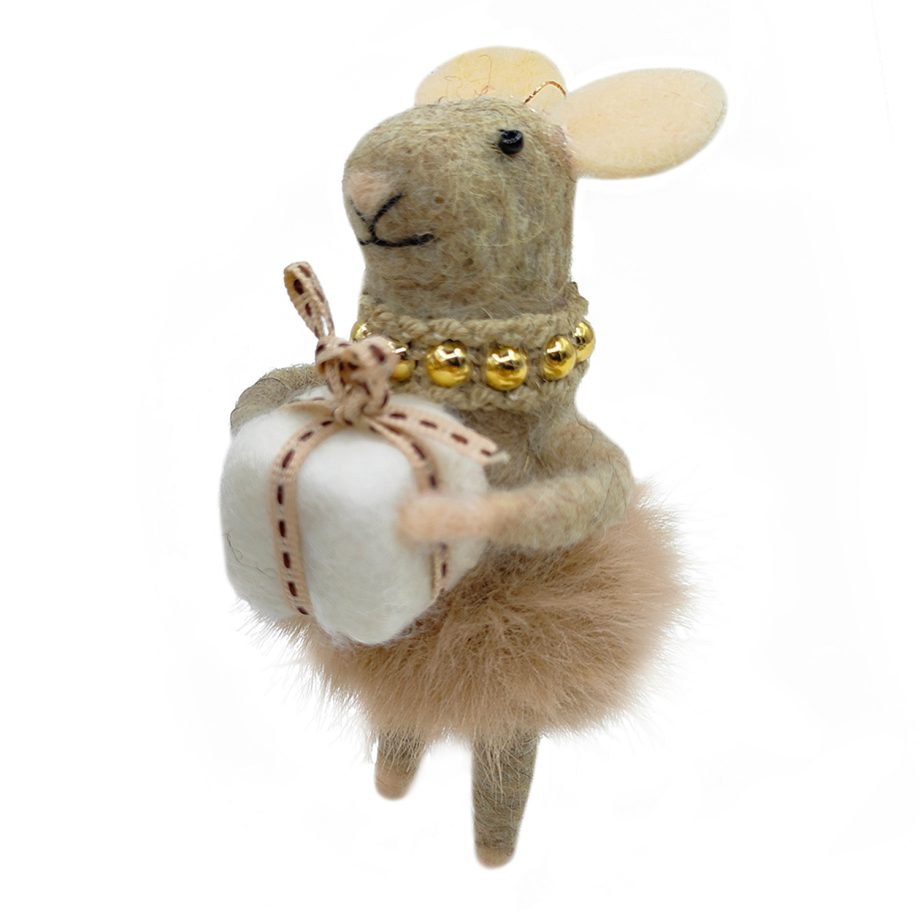 ORN WOOL MOUSE W/ SKIRT & GIFT BOX 5.5" GREY/PINK