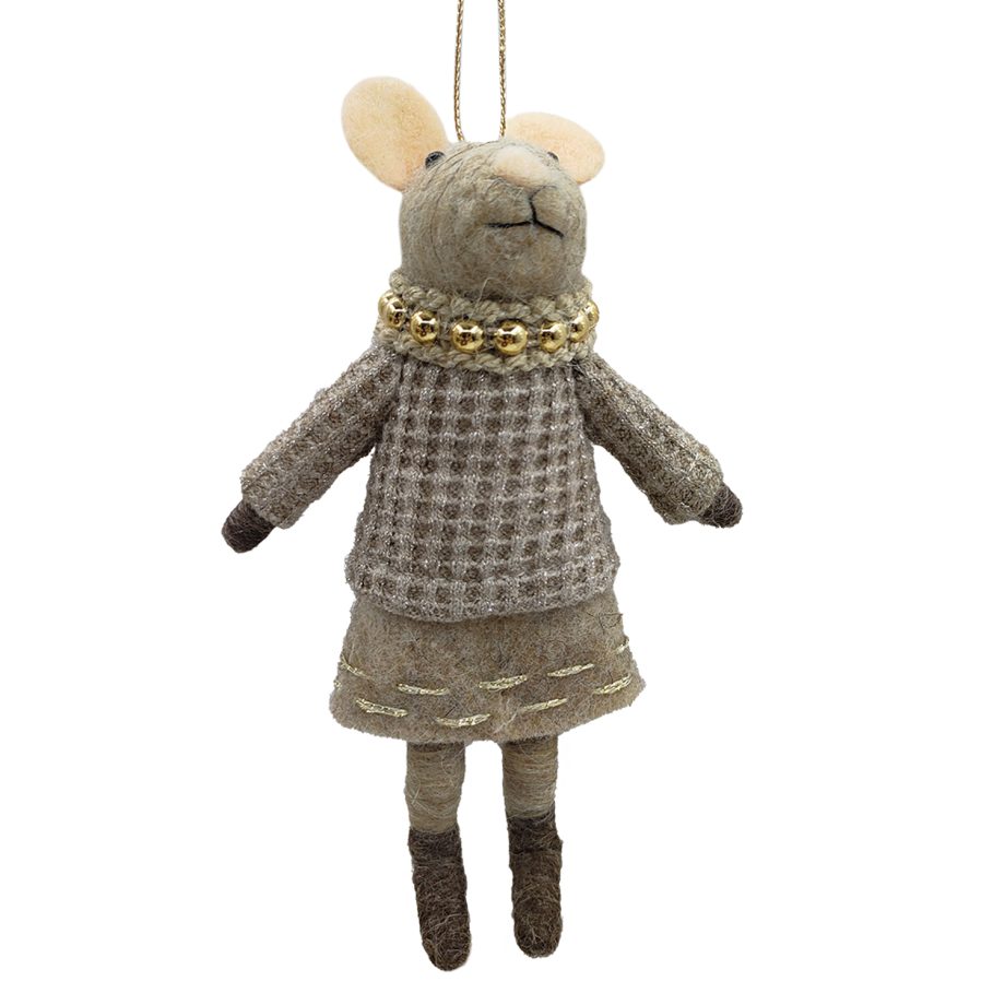ORN WOOL MOUSE GIRL W/ TWEED SWEATER 6.5" GREY/BROWN