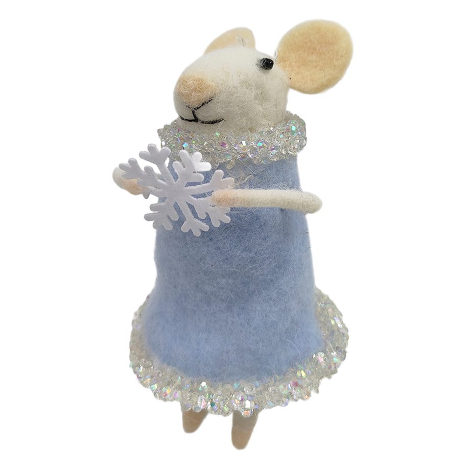 ORN WOOL MOUSE W/ SKIRT & SNOWFLAKE 4.5" ICED BLUE