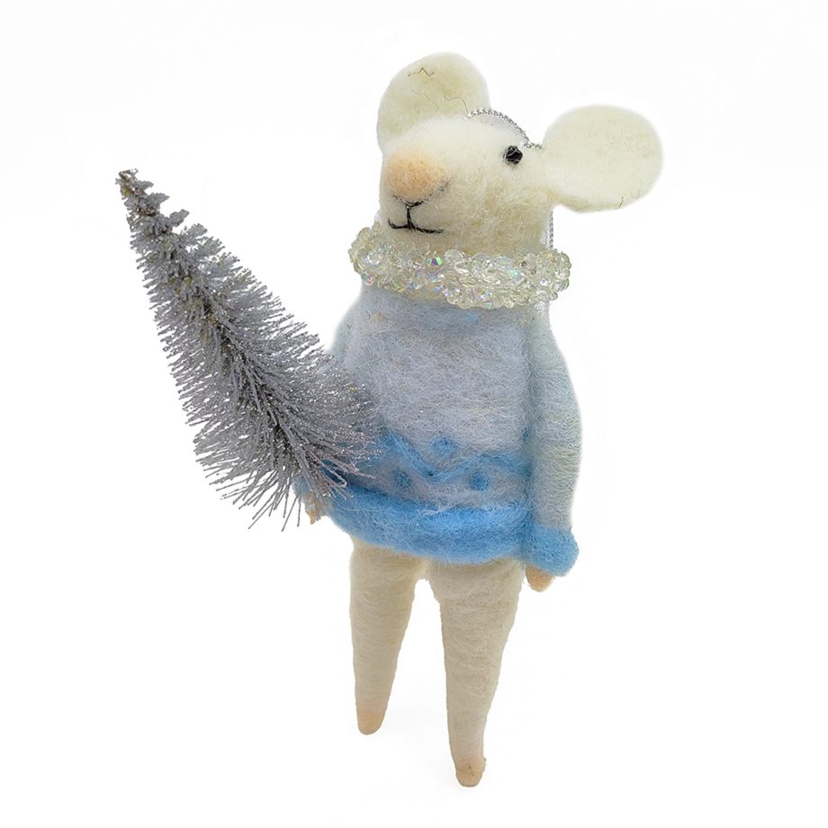 ORN WOOL MOUSE HOLDING A TREE 5" ICED BLUE/SILVER