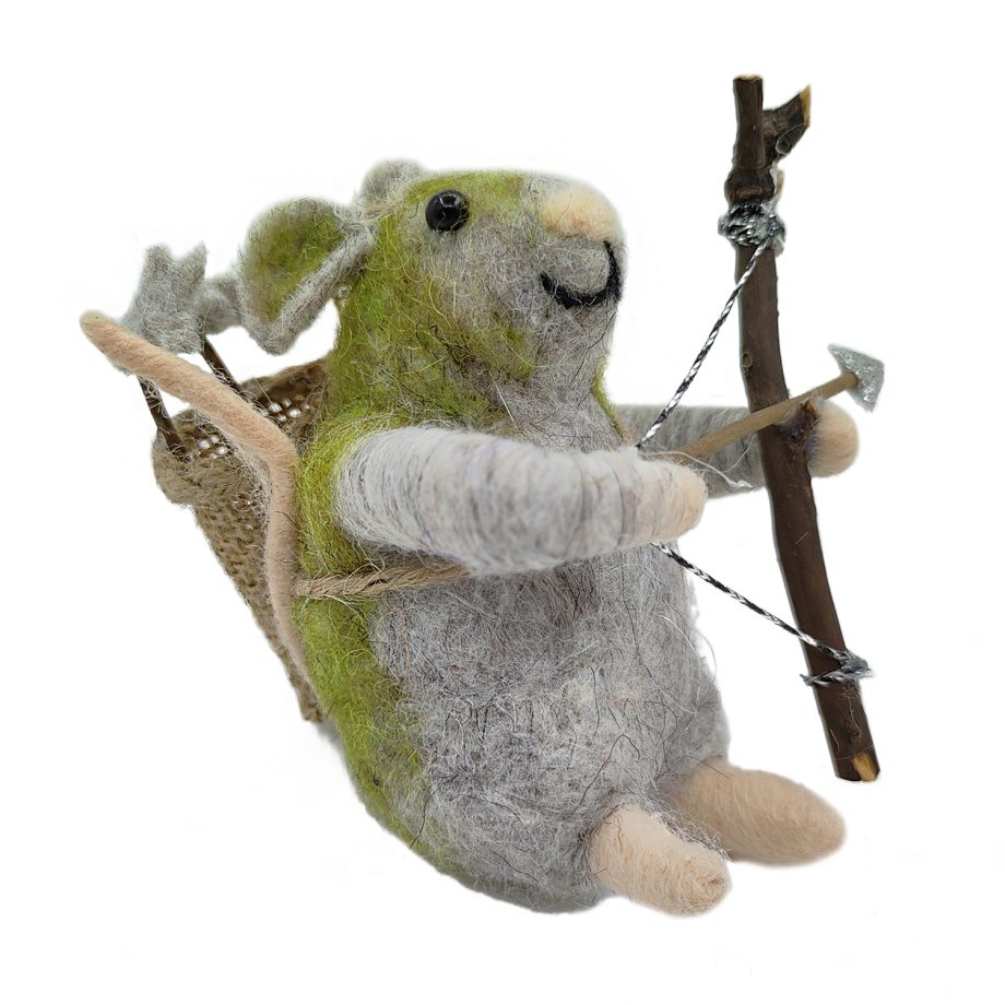 ORN WOOL MOUSE HOLDING BOW & ARROW 4" GREEN/GREY