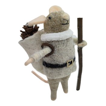 ORN WOOL MOUSE HIKING W/ CONE & SACK 5" GREY/BROWN