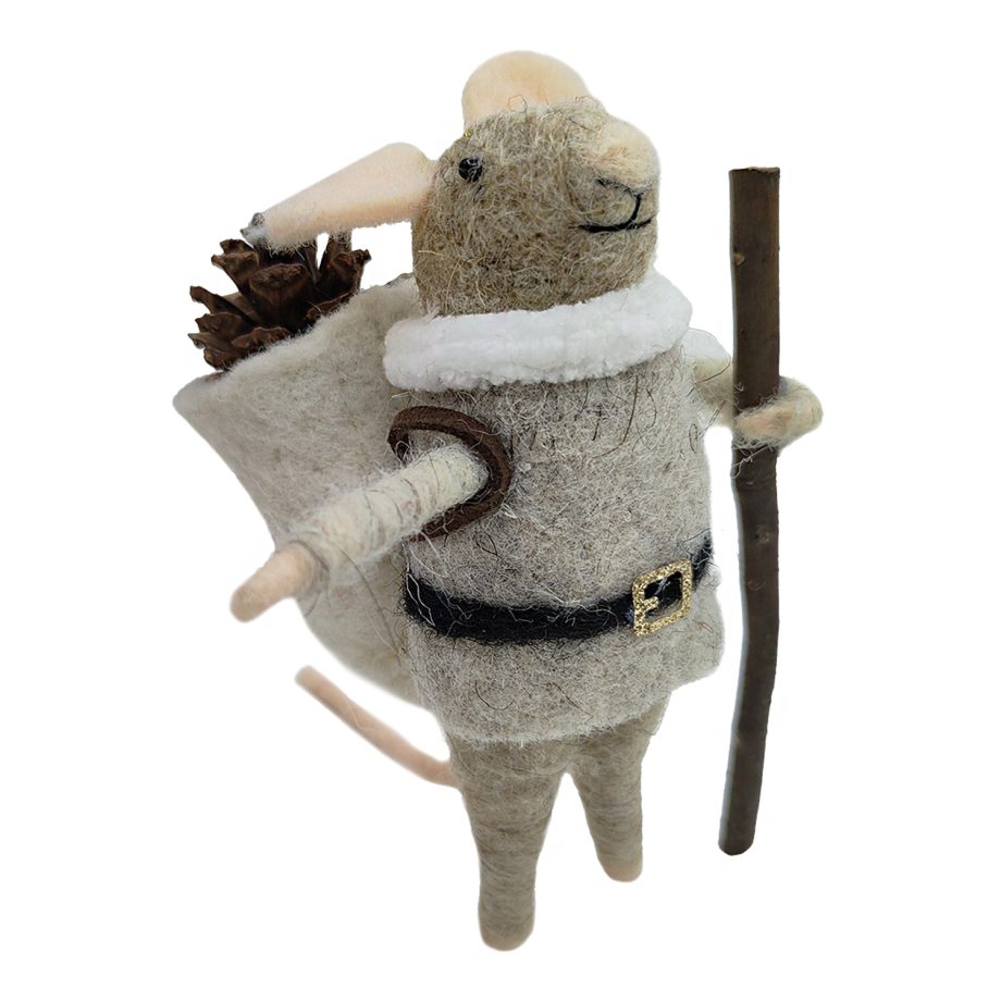 ORN WOOL MOUSE HIKING W/ CONE & SACK 5" GREY/BROWN