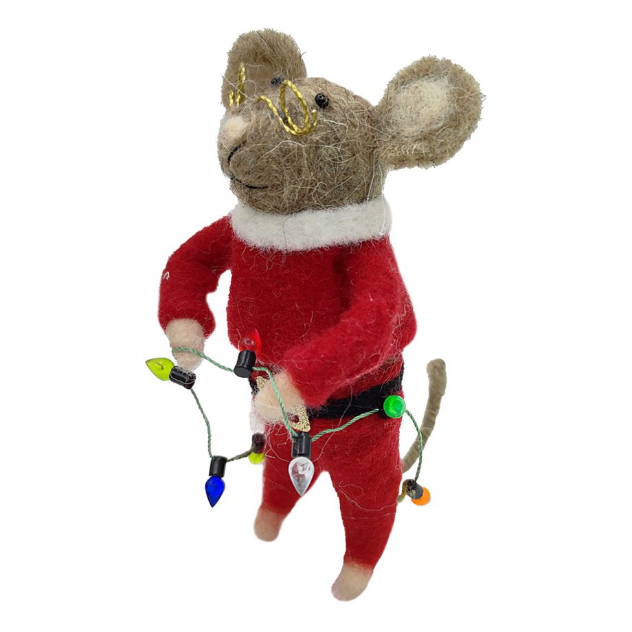 ORN WOOL MOUSE HOLDING LIGHTS GARLAND 4.5" RED/GREEN