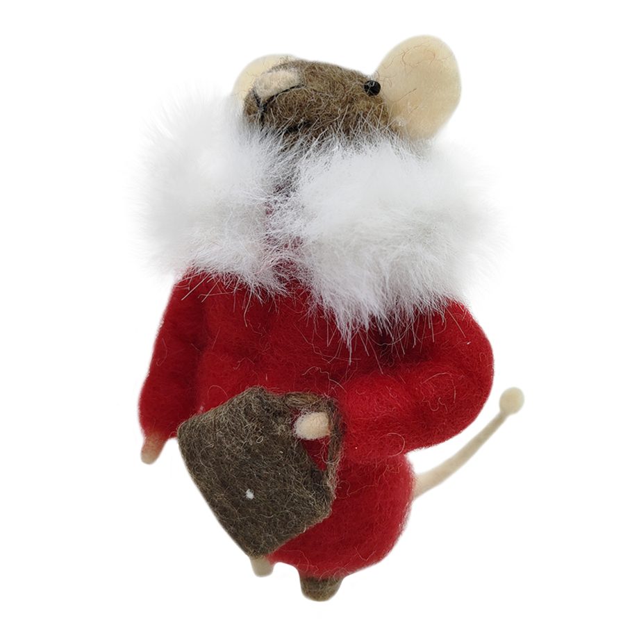 ORN WOOL MOUSE W/ COAT & BAG 4.5" RED