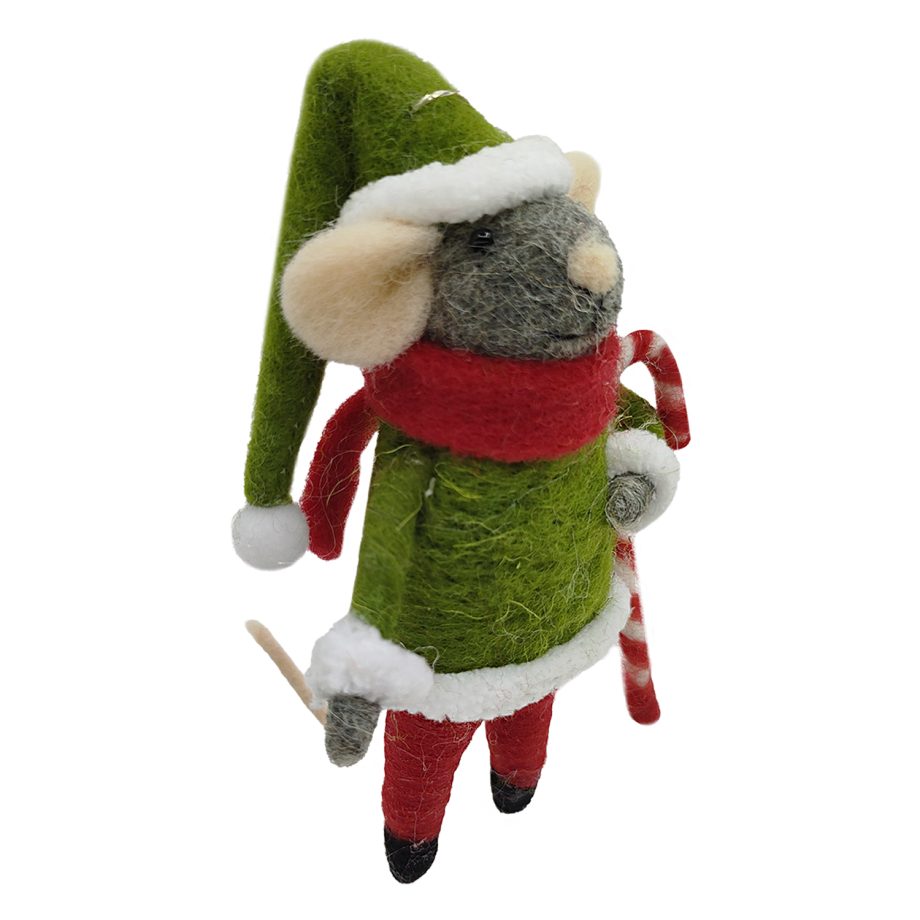 ORN WOOL MOUSE HOLDING CANDY CANE 4.5" RED/GREEN