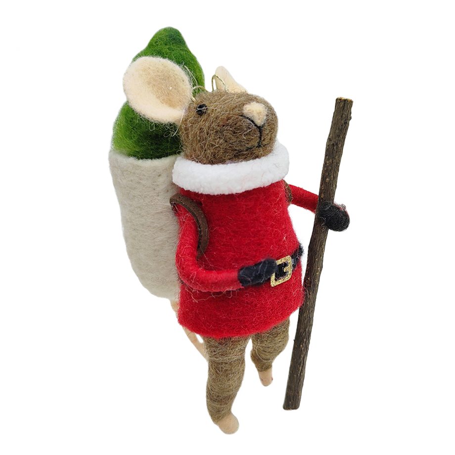 ORN WOOL MOUSE W/ BAGPACK & TREE 5" GREY/GREEN