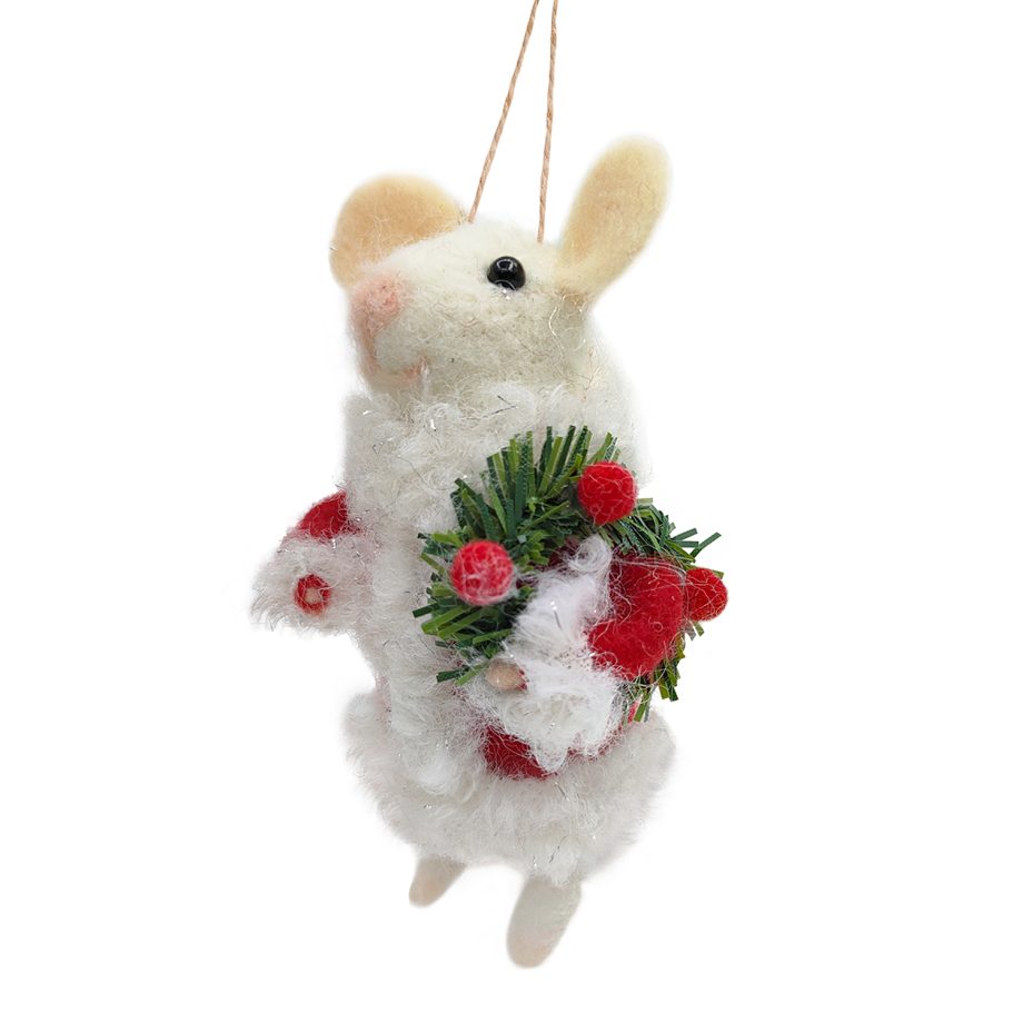 ORN WOOL MOUSE HOLDING A WREATH 4.5" RED/WHITE