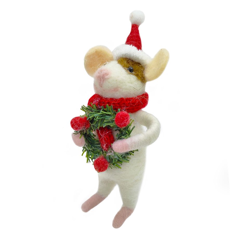 ORN WOOL MOUSE HOLDING A WREATH 5.5" RED/WHITE
