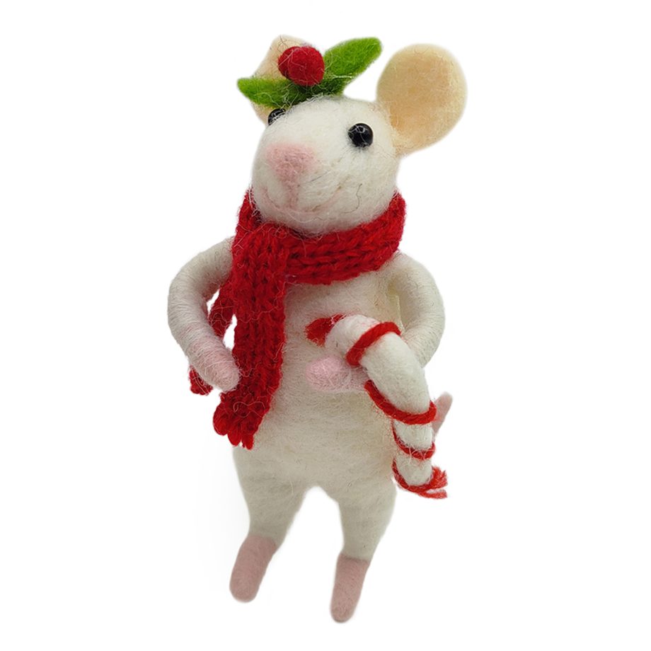 ORN WOOL MOUSE HOLDING CANDY CANE 4.5" RED/WHITE