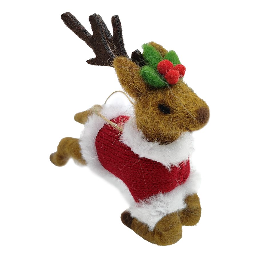 ORN WOOL REINDEER JUMPING 6" RED/BROWN