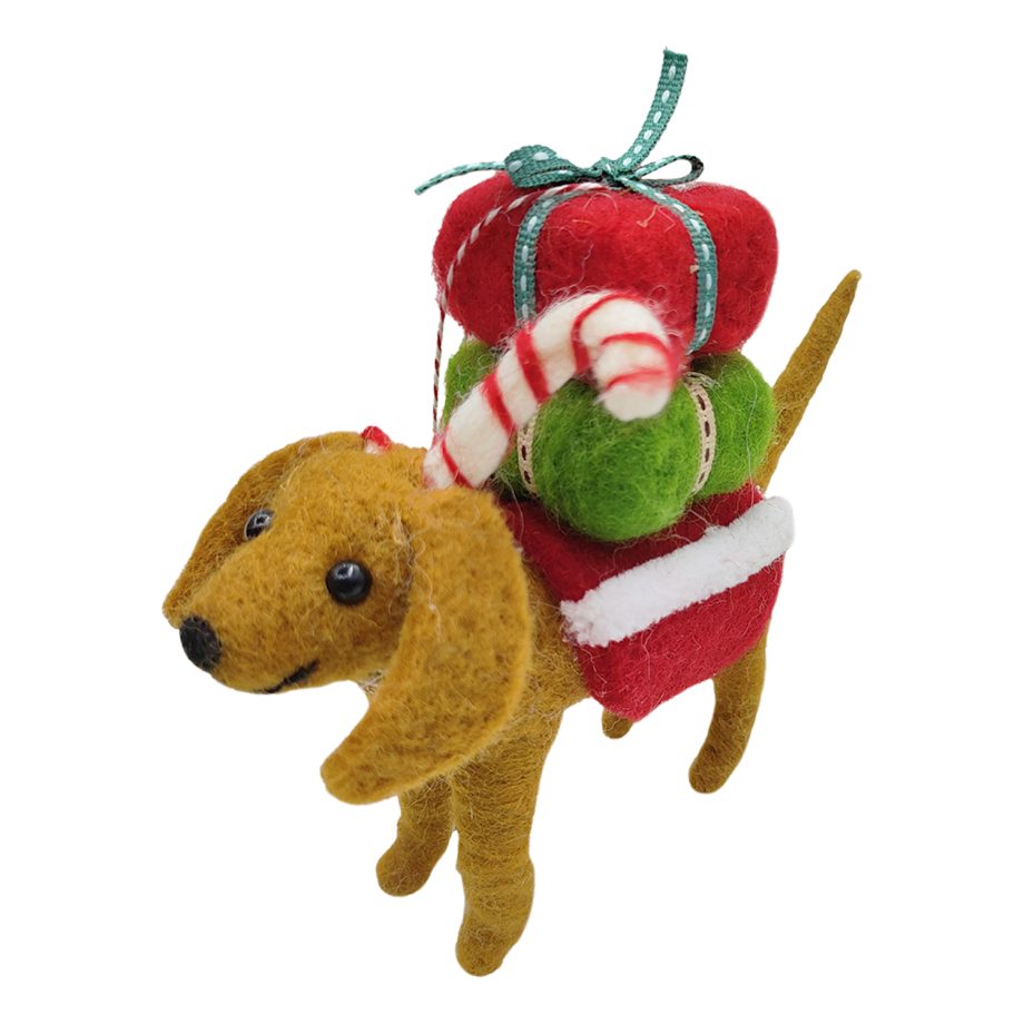 ORN WOOL DOG CARRYING GIFT BOXES 4.5" RED/BROWN
