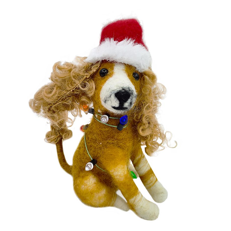 ORN WOOL DOG SITTING W/ LIGHTS & SANTA HAT 4.5" RED/BROWN
