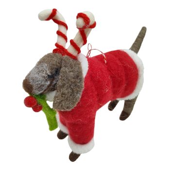 ORN WOOL DOG STANDING W/ CANDY CANE & HOLLY 4.5" RED/GREEN