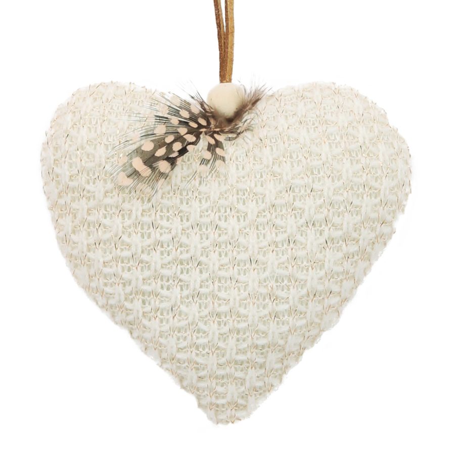 ORN FABRIC HEART 4.5" CREAM/GOLD W/ FEATHER