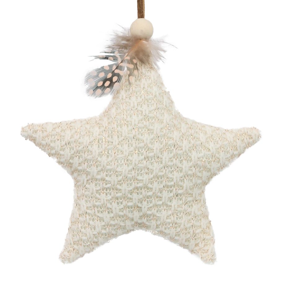ORN FABRIC STAR 4.5" CREAM/GOLD W/ FEATHER