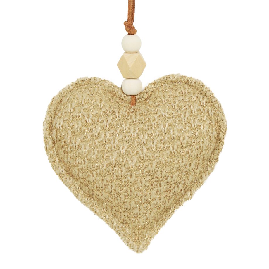 ORN FABRIC HEART4.5" BROWN/NATURAL W/ BEADS