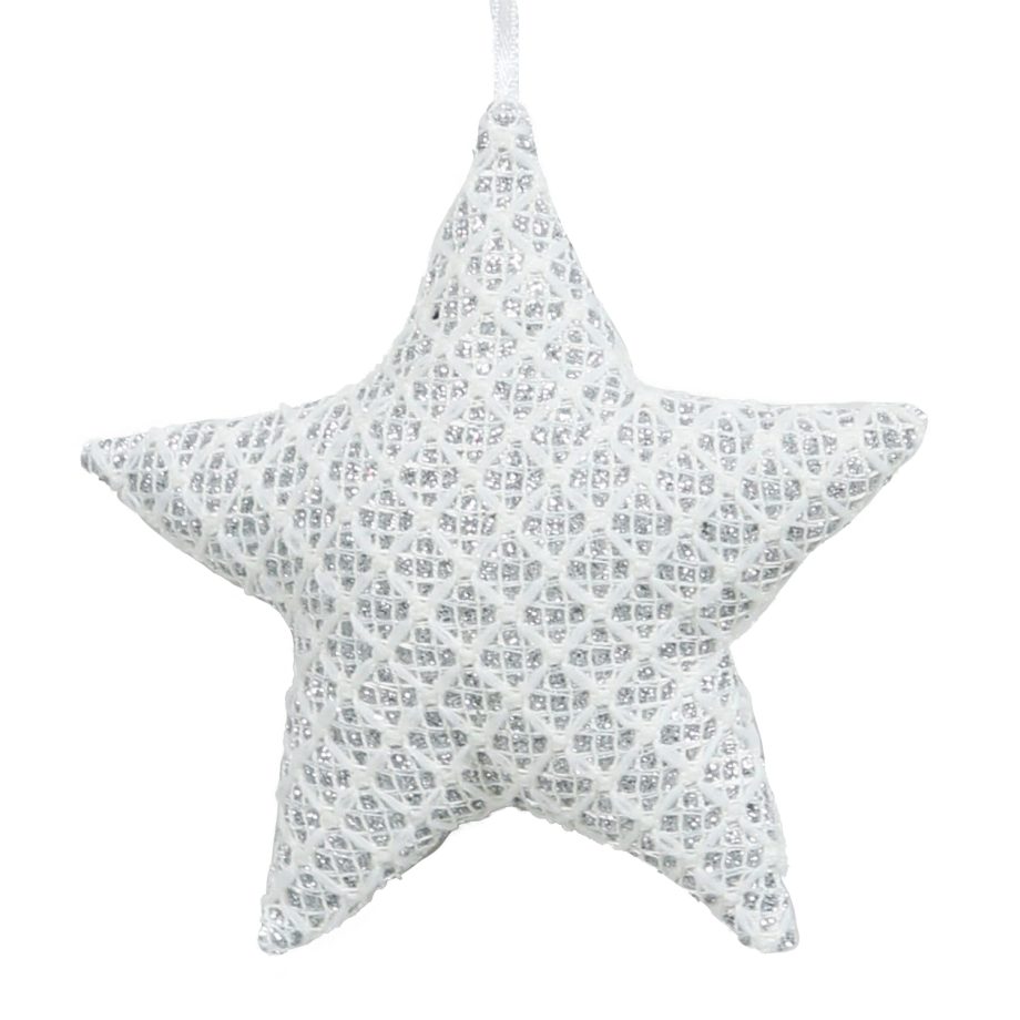 ORN FABRIC STAR 4.5" WHITE/SILVER