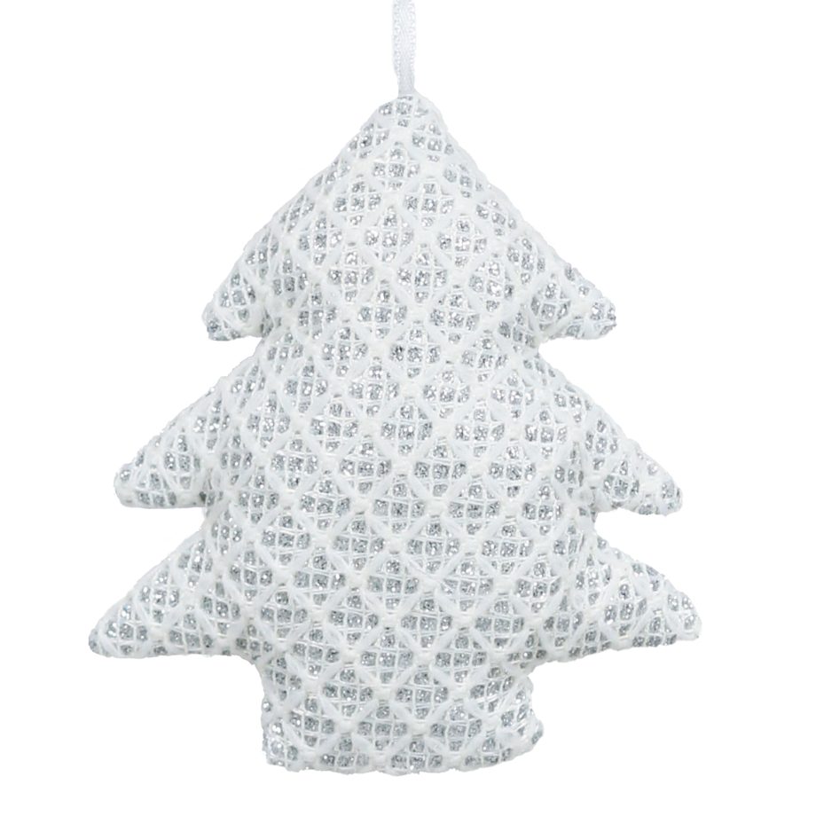 ORN FABRIC TREE 4" WHITE/SILVER