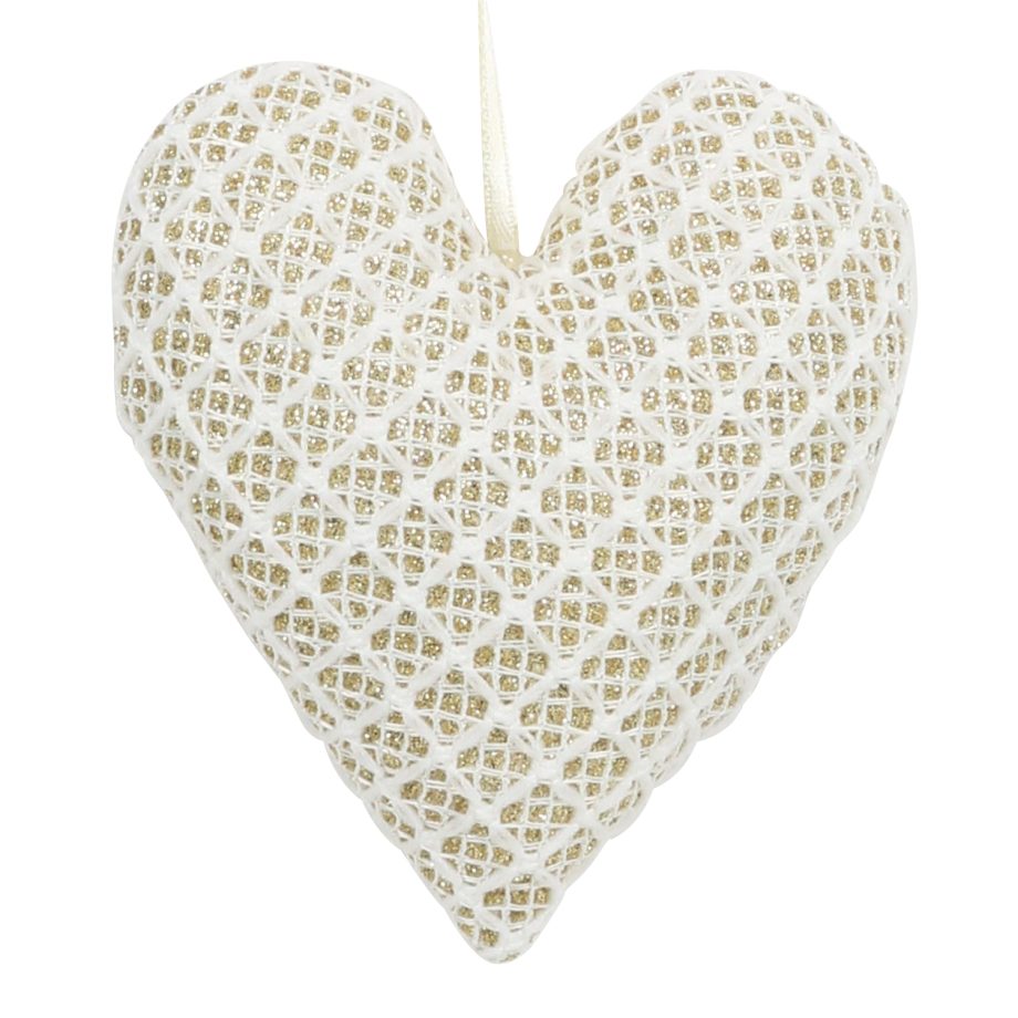ORN FABRIC HEART 3.5" CREAM/GOLD