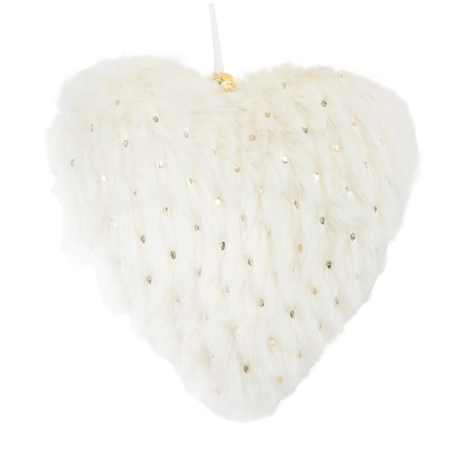 ORN FUR HEART 4" IVORY/GOLD