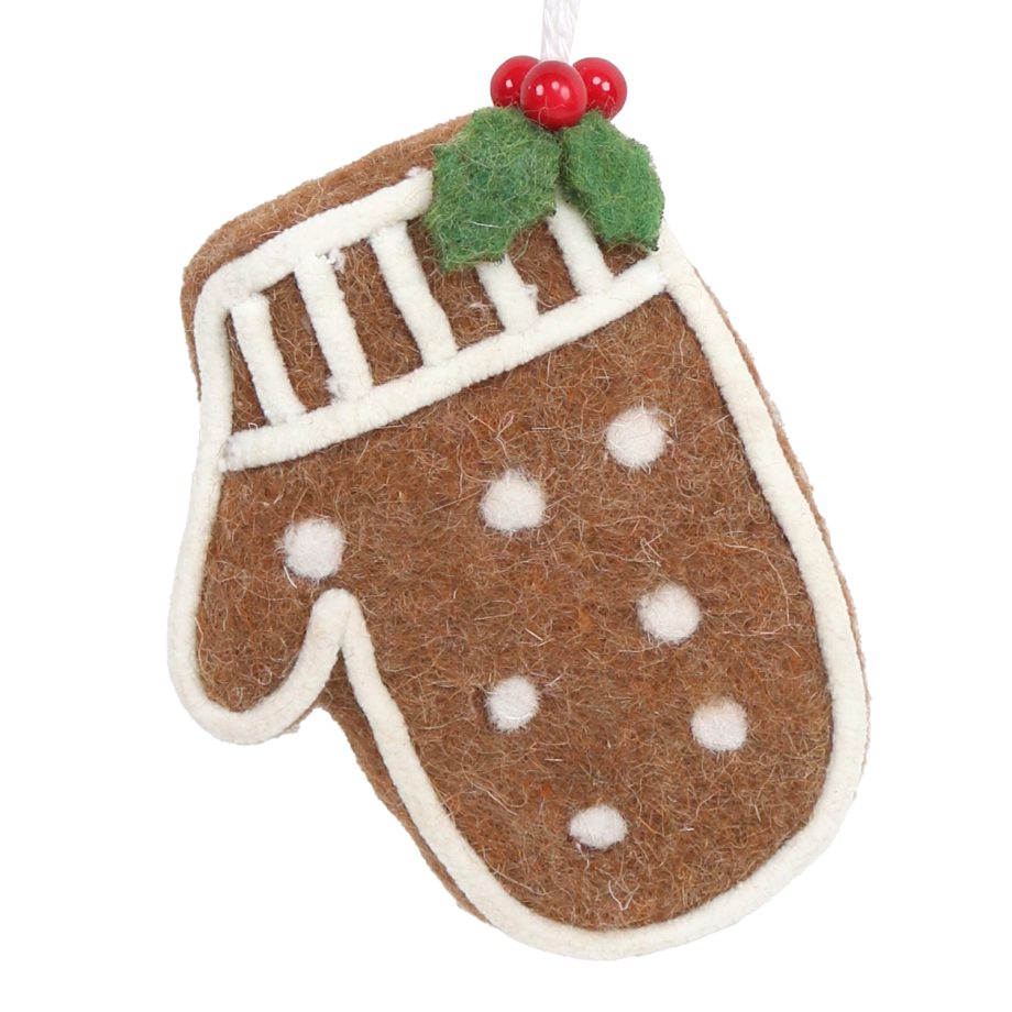 ORN WOOL BAKERY GINGERBREAD MITTEN 4.5" BROWN/WHITE